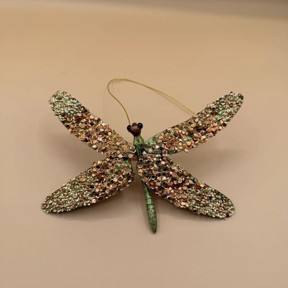 Large Glitter Dragonfly Clip Ornament Gold Sequin Green Sparkle Hanging Decor